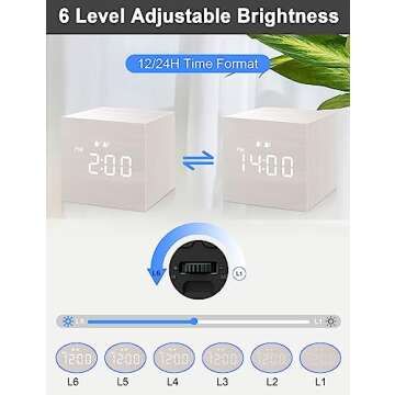 Digital Alarm Clock, with Wooden Electronic LED Time Display, 3 Alarm, 2.5-inch Cubic Small Mini Wood Made Electric Clocks for Bedroom, Bedside, Desk, White
