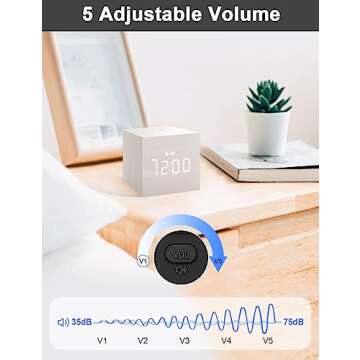 Digital Alarm Clock, with Wooden Electronic LED Time Display, 3 Alarm, 2.5-inch Cubic Small Mini Wood Made Electric Clocks for Bedroom, Bedside, Desk, White