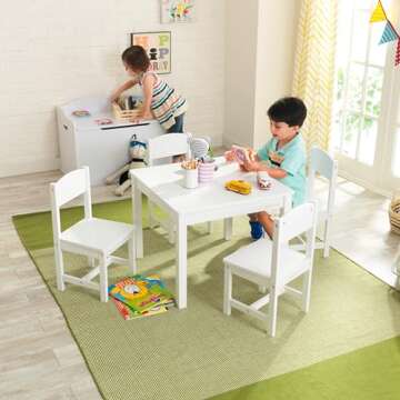 KidKraft Wooden Farmhouse Table & 4 Chairs Set, Children's Furniture for Arts & Activity - White