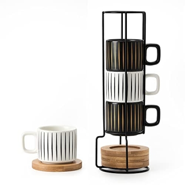 LUKA Porcelain Espresso Cup Set with Iron Stand - Perfect Demitasse Mugs for Coffee Lovers