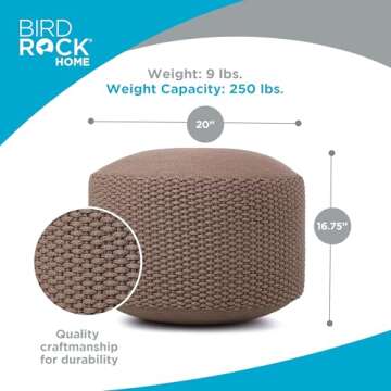 BIRDROCK HOME Outdoor Pouf Ottoman | Hand Woven Waterproof Foot Stool with Bead Bag Filling | Boho Foot Rest for Patio, Living Room, Porch & Outdoor Seating | Lightweight, Soft Stuffed Chair | Brown
