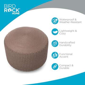 BIRDROCK HOME Outdoor Pouf Ottoman | Hand Woven Waterproof Foot Stool with Bead Bag Filling | Boho Foot Rest for Patio, Living Room, Porch & Outdoor Seating | Lightweight, Soft Stuffed Chair | Brown