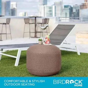 BIRDROCK HOME Outdoor Pouf Ottoman | Hand Woven Waterproof Foot Stool with Bead Bag Filling | Boho Foot Rest for Patio, Living Room, Porch & Outdoor Seating | Lightweight, Soft Stuffed Chair | Brown