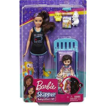 Barbie Skipper Babysitters Inc. Bedtime Playset with Babysitting Skipper Doll, Toddler Doll with Glow-in-the-Dark Pajamas, Bed, Sleeping Kitty, Teddy Bear, Blanket and Storybook for Kids 3-7 Years Old