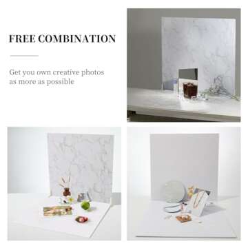 BEIYANG Food Photography Backdrops 24x24 Inch Marble Photo Backdrop Boards 3PCS White Photography Ba...
