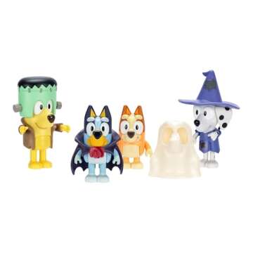 Bluey Figure 4-Packs, Halloween, 2.5" Poseable Figures of Bluey, Bingo, Chloe & Lucky Dressed in Halloween Costumes, with Accessories, Kids Can Recreate Their Favorite Moments from The Bluey TV Show