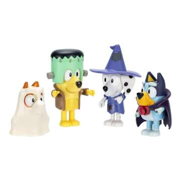 Bluey Figure 4-Packs, Halloween, 2.5" Poseable Figures of Bluey, Bingo, Chloe & Lucky Dressed in Halloween Costumes, with Accessories, Kids Can Recreate Their Favorite Moments from The Bluey TV Show