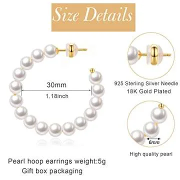 MOROTOLE Pearl Hoop Earrings for Women Small Pearl Hoop Earrings, Gold Plated Lightweight Open Large Circle Round Pearl Earrings Jewelry Birthday Gift for Women