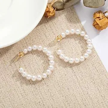 MOROTOLE Pearl Hoop Earrings for Women Small Pearl Hoop Earrings, Gold Plated Lightweight Open Large Circle Round Pearl Earrings Jewelry Birthday Gift for Women