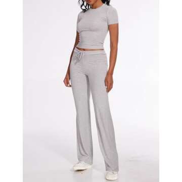 AnotherChill Women's 2 Piece Lounge Sets Straight Leg Pants Set Short Sleeve Crop T-shirt Casual Outfits Comfy Loungewear (Light-Gray, Medium)