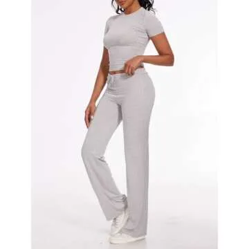 AnotherChill Women's 2 Piece Lounge Sets Straight Leg Pants Set Short Sleeve Crop T-shirt Casual Outfits Comfy Loungewear (Light-Gray, Medium)