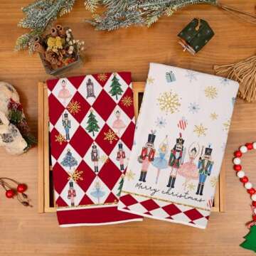 DineDia Nutcrackers Christmas Kitchen Towels Set of 2,Red Snowflake Xmas Tree Dish Hand Towels Holiday Home Indoor Bathroom Party Seasonal Noel Decorations DD036