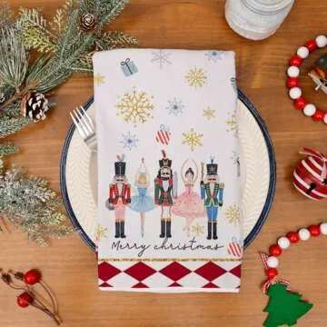 DineDia Nutcrackers Christmas Kitchen Towels Set of 2,Red Snowflake Xmas Tree Dish Hand Towels Holiday Home Indoor Bathroom Party Seasonal Noel Decorations DD036