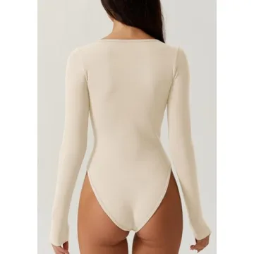 Stylish QINSEN Women's Plunge Bodysuit - Long Sleeve Top