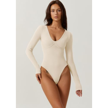 Stylish QINSEN Women's Plunge Bodysuit - Long Sleeve Top