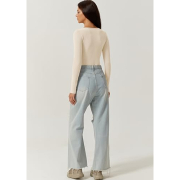 Stylish QINSEN Women's Plunge Bodysuit - Long Sleeve Top