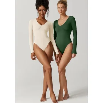 Stylish QINSEN Women's Plunge Bodysuit - Long Sleeve Top