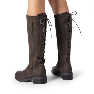 DREAM PAIRS Women's Lace Up Back Knee High Fashion Boots Low Block Heel Riding Boots Round Toe Side Zipper Fall Boots,Size 6.5,Brown-Nubuck,SDKB2423W