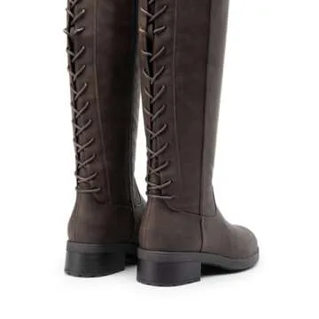 DREAM PAIRS Women's Lace Up Back Knee High Fashion Boots Low Block Heel Riding Boots Round Toe Side Zipper Fall Boots,Size 6.5,Brown-Nubuck,SDKB2423W