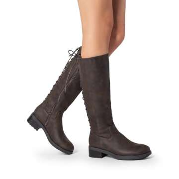 DREAM PAIRS Women's Lace Up Back Knee High Fashion Boots Low Block Heel Riding Boots Round Toe Side Zipper Fall Boots,Size 6.5,Brown-Nubuck,SDKB2423W