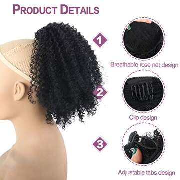 YITI Afro Kinky Curly Drawstring Ponytails for Black Women Extended Contact Pull Rope Card Masson Hair Piece for African American Girls Curly Drawstring Ponytail Extension for Women（Black） (1B#)