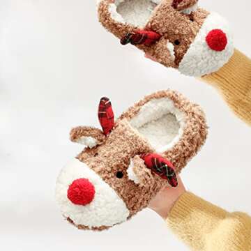 Thgonwid Women's Christmas Cute Deer Plush Soft Warm Home Slippers Indoor Shoes for Outdoor