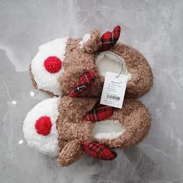 Thgonwid Cute Christmas Reindeer Plush Slippers for Women