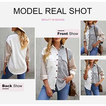 Dokotoo Womens 2024 Fashion Oversized Color Bock Long Sleeve Button Up Pockets Shirts Ladies Loose Fit Corduroy Shacket Tunic Blouse Tops White L