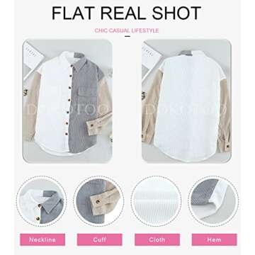 Dokotoo Womens 2024 Fashion Oversized Color Bock Long Sleeve Button Up Pockets Shirts Ladies Loose Fit Corduroy Shacket Tunic Blouse Tops White L