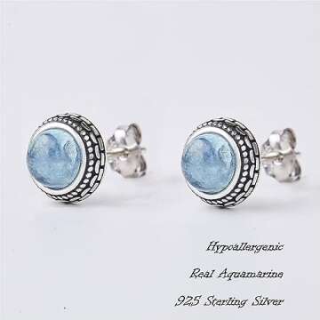 Genuine Aquamarine Silver Stud Earrings for Women