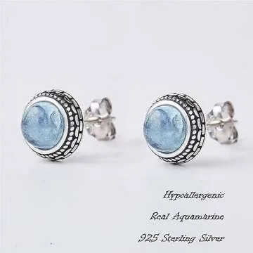 Genuine Aquamarine Silver Stud Earrings for Women