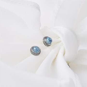 Genuine Aquamarine Silver Stud Earrings for Women
