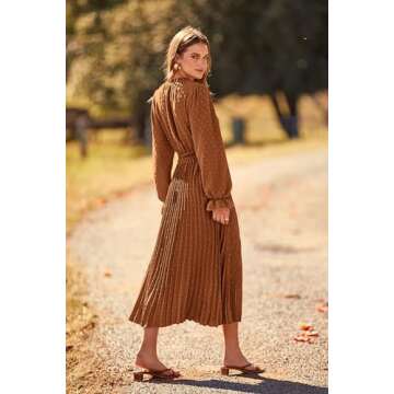 PRETTYGARDEN Women's 2025 Spring Fall Wedding Guest Dress Long Sleeve Swiss Dot Pleated A Line Midi ...