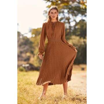 PRETTYGARDEN Women's 2025 Spring Fall Wedding Guest Dress Long Sleeve Swiss Dot Pleated A Line Midi Dress (Brown,Large)