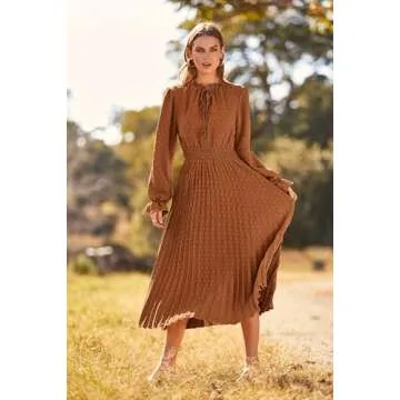 PRETTYGARDEN Women's 2025 Spring Fall Wedding Guest Dress Long Sleeve Swiss Dot Pleated A Line Midi Dress (Brown,Large)
