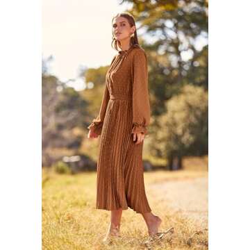 PRETTYGARDEN Women's 2025 Spring Fall Wedding Guest Dress Long Sleeve Swiss Dot Pleated A Line Midi Dress (Brown,Large)