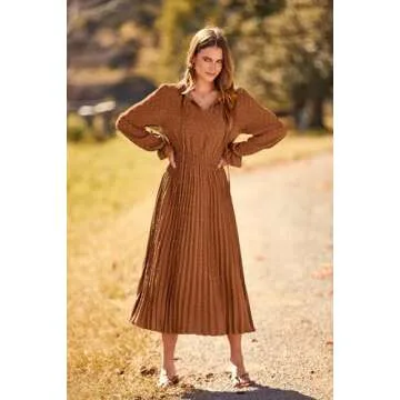 PRETTYGARDEN Women's 2025 Spring Fall Wedding Guest Dress Long Sleeve Swiss Dot Pleated A Line Midi Dress (Brown,Large)