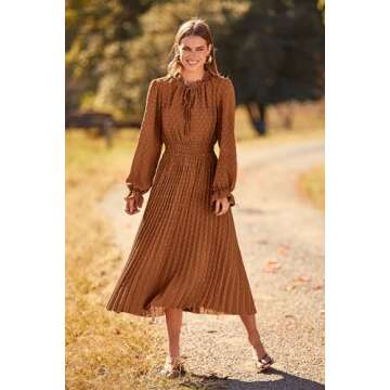 PRETTYGARDEN Women's 2025 Spring Fall Wedding Guest Dress Long Sleeve Swiss Dot Pleated A Line Midi Dress (Brown,Large)