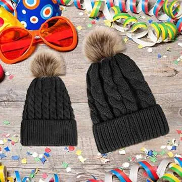 Chalier 2 Pack Parent-Child Winter Hats for Women Warmer Soft Mom Baby Knit Hat Set Slouchy Beanie with Pom Pom(A-Black)
