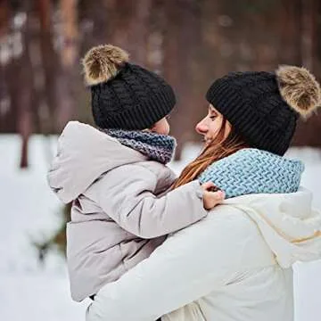 Chalier 2 Pack Parent-Child Winter Hats for Women Warmer Soft Mom Baby Knit Hat Set Slouchy Beanie with Pom Pom(A-Black)