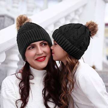 Chalier 2 Pack Parent-Child Winter Hats for Women Warmer Soft Mom Baby Knit Hat Set Slouchy Beanie with Pom Pom(A-Black)