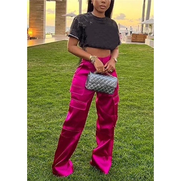 YOOTIKO Women's Satin Cargo Pants High Waisted Fashion