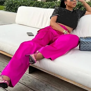 YOOTIKO Women's Satin Cargo Pants High Waisted Fashion