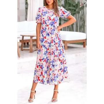 PRETTYGARDEN Women's Summer Casual Boho Dress Floral Print Ruffle Puff Short Sleeve Flowy Midi Beach...