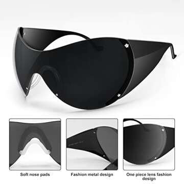 TYA Wrap Around Y2k Sunglasses For Women Men, Futuristic Oversized Shield Rimless Sun Glasses Fashion Vintage Black Shades