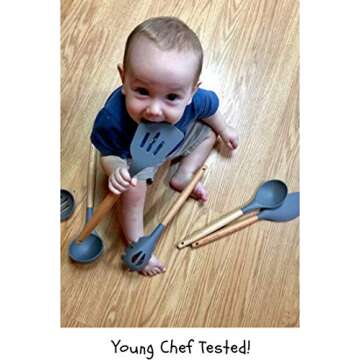 Silicone Kitchen Utensil Set by House of Shade - Non Scratch Cooking Utensils w/ Natural Beechwood Handles - BPA Free Grey Heads - 7 Piece Nonstick/Heat Resistant Tools - Great Wood Grip