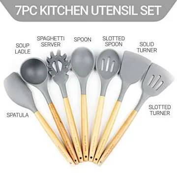 Silicone Kitchen Utensil Set by House of Shade - Non Scratch Cooking Utensils w/ Natural Beechwood Handles - BPA Free Grey Heads - 7 Piece Nonstick/Heat Resistant Tools - Great Wood Grip