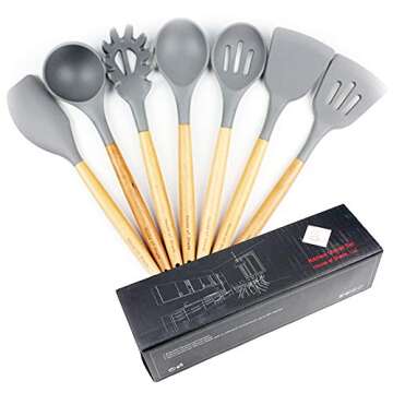 Silicone Kitchen Utensil Set by House of Shade - Non Scratch Cooking Utensils w/ Natural Beechwood Handles - BPA Free Grey Heads - 7 Piece Nonstick/Heat Resistant Tools - Great Wood Grip