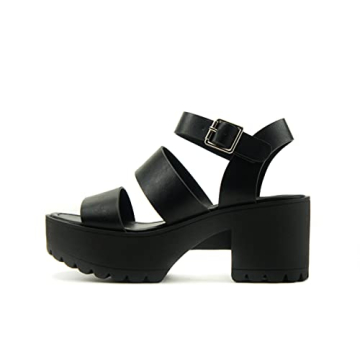 Soda ACCOUNT Women Open Toe Two Bands Lug Sole Fashion Heel Sandals with Adjustable Ankle Strap