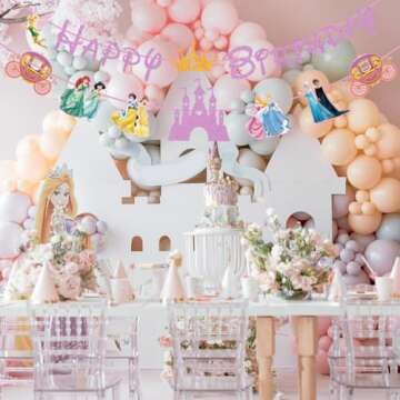 Princess Birthday Party Decoration For Girls, Pink Princess Birthday Banner For Kids Baby Shower, Princess Happy Birthday Party Supplies